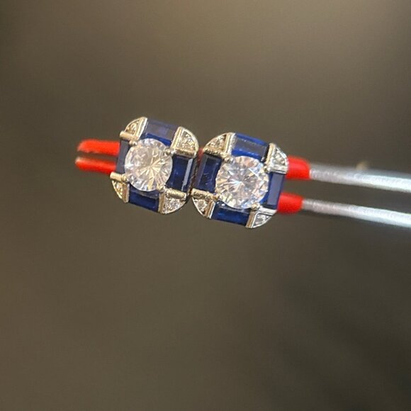 Sterling Silver 925 Blue/White Cz Stud Earrings - Picture 4 of 6